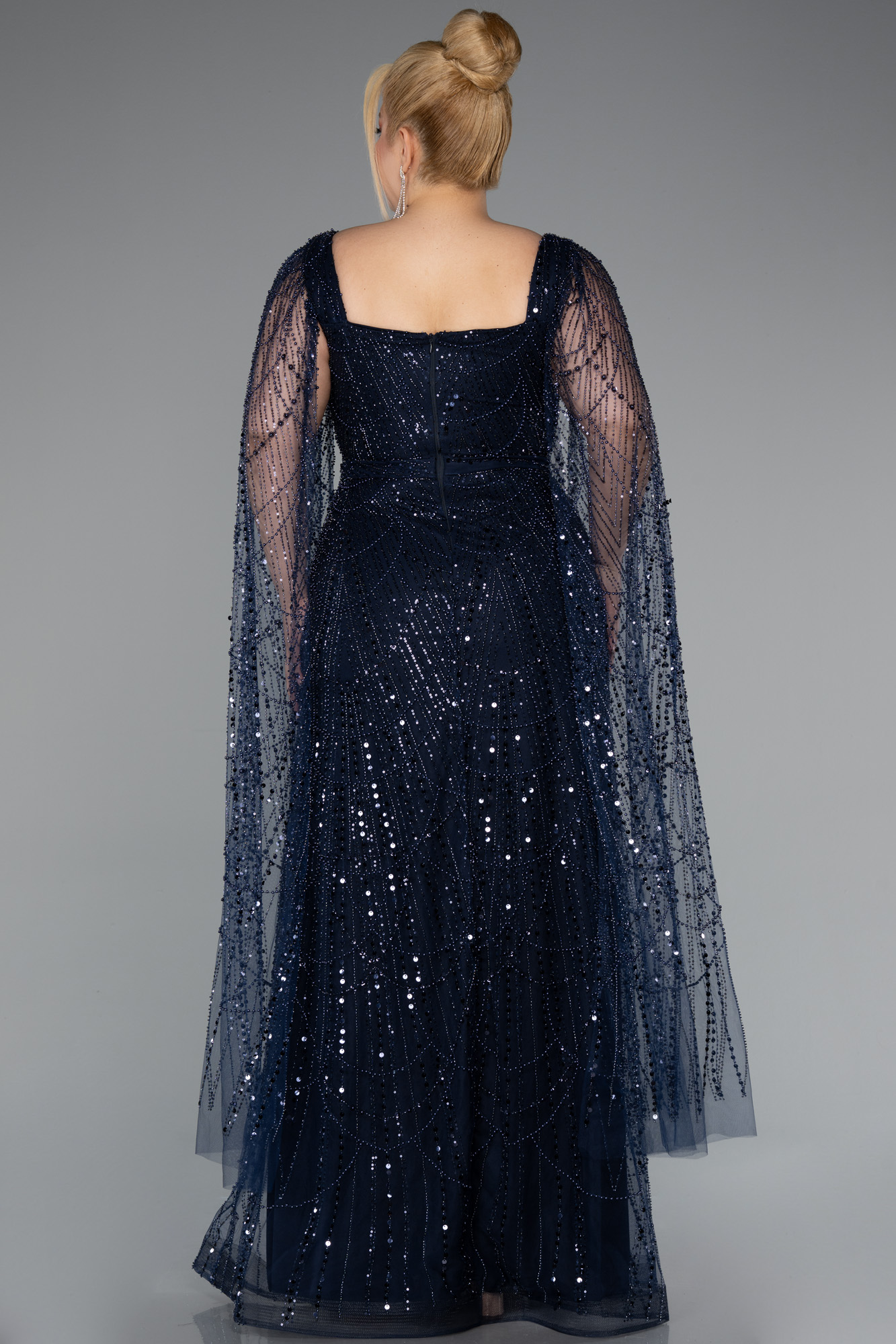 Lacivert Uzun Şal Kol Boncuklu Büyük Beden Abiye ABU5138 - Görsel 2