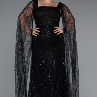 Siyah Uzun Şal Kol Boncuklu Büyük Beden Abiye ABU5212