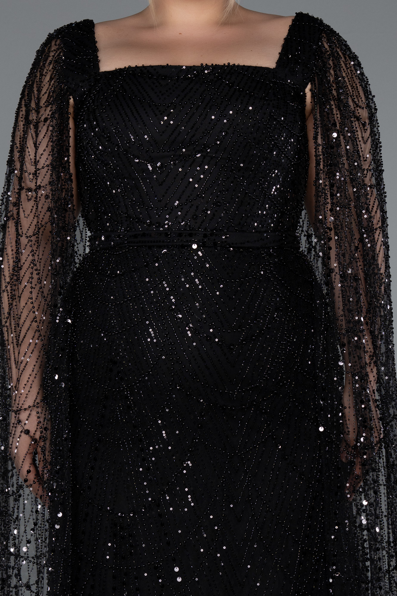 Siyah Uzun Şal Kol Boncuklu Büyük Beden Abiye ABU5212 - Görsel 3