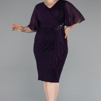 Koyu Mor Kısa Kol Simli Büyük Beden Abiye ABK1826