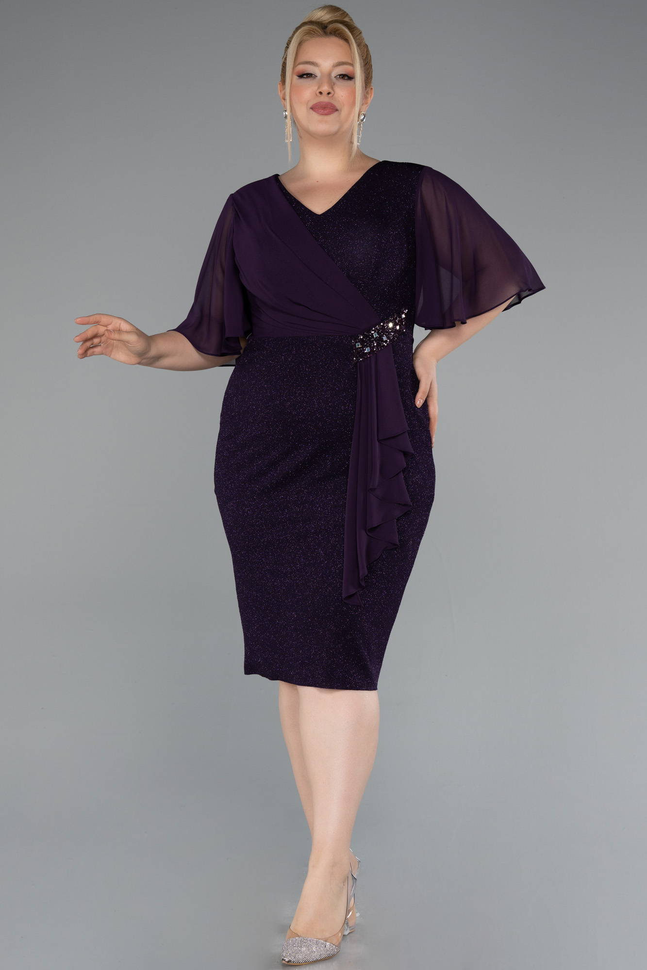 Koyu Mor Kısa Kol Simli Büyük Beden Abiye ABK1826