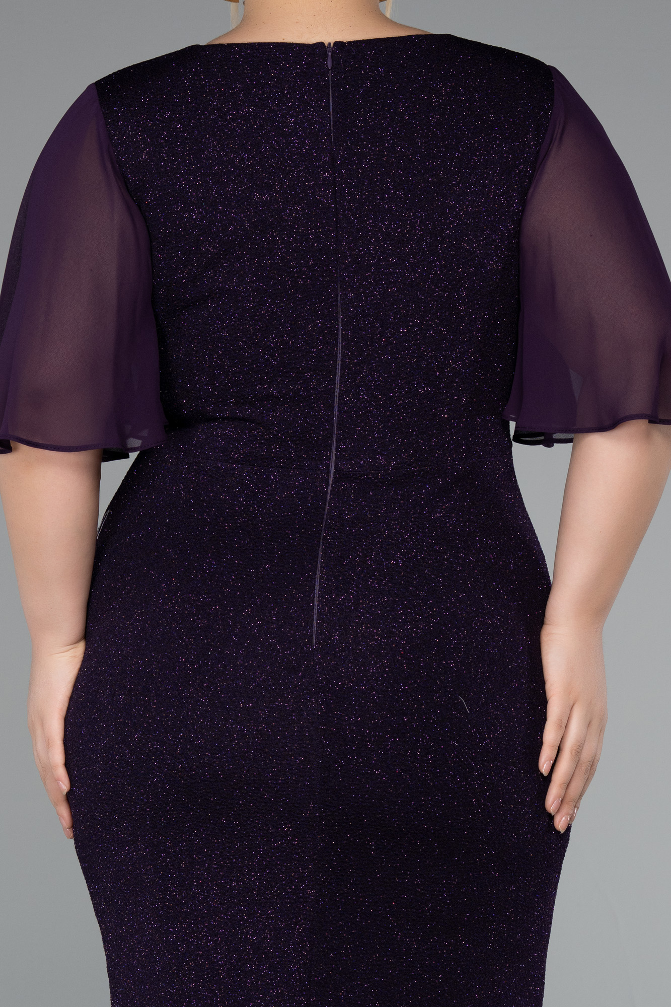 Koyu Mor Kısa Kol Simli Büyük Beden Abiye ABK1826 - Görsel 4