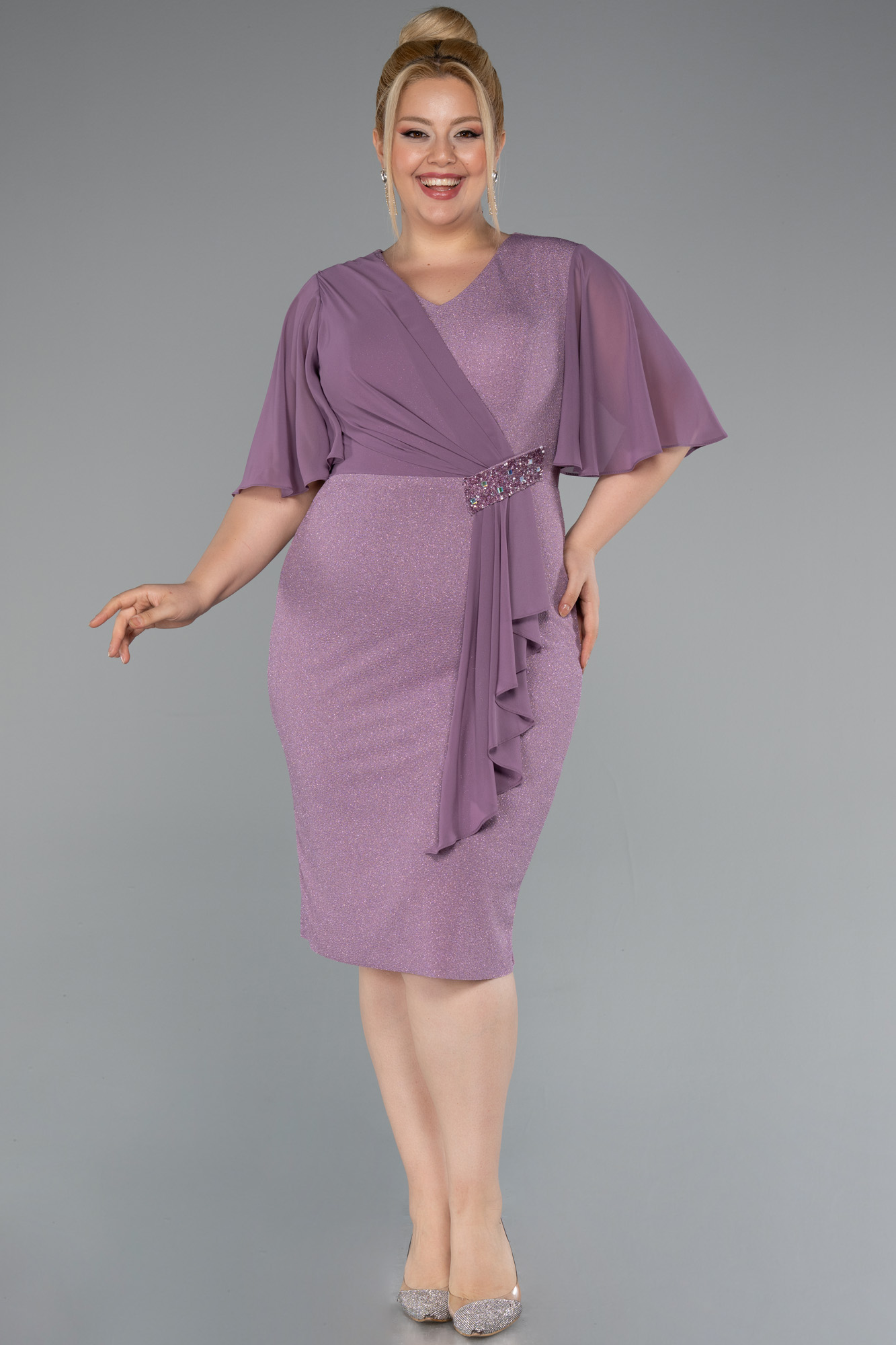 Lavanta Kısa Kol Simli Büyük Beden Abiye ABK1826