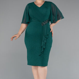 Zümrüt Yeşili Kısa Kol Simli Büyük Beden Abiye ABK1826