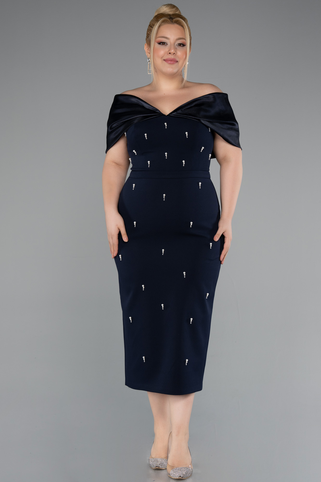 Parlement Kayık Yaka Taşlı Midi Büyük Davet Elbisesi ABK2400