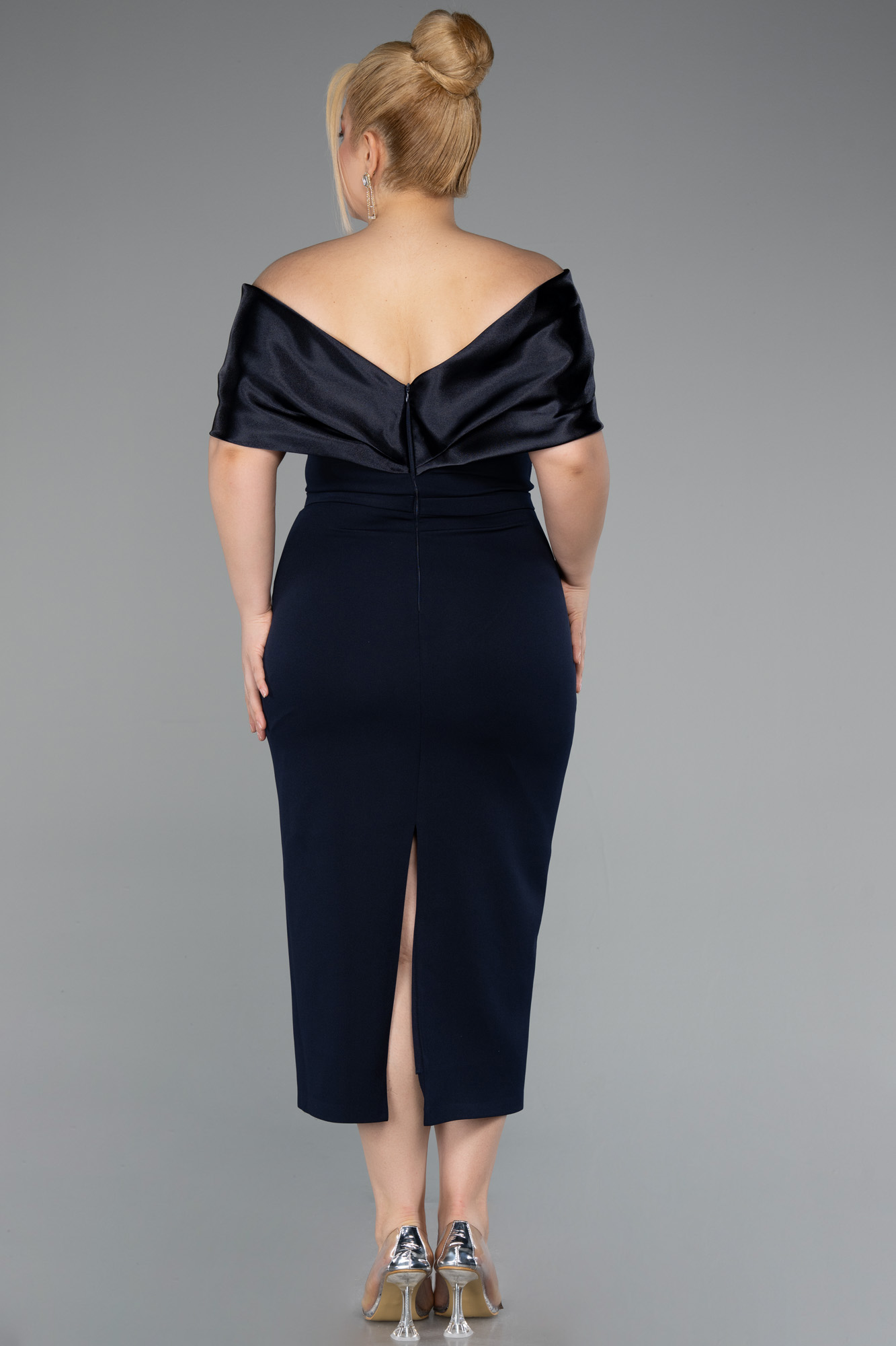 Parlement Kayık Yaka Taşlı Midi Büyük Davet Elbisesi ABK2400 - Görsel 2