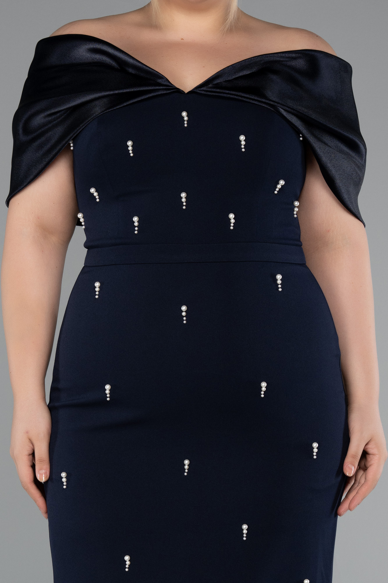 Parlement Kayık Yaka Taşlı Midi Büyük Davet Elbisesi ABK2400 - Görsel 3