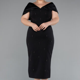 Siyah Kayık Yaka Taşlı Midi Büyük Beden Davet Elbisesi ABK2400