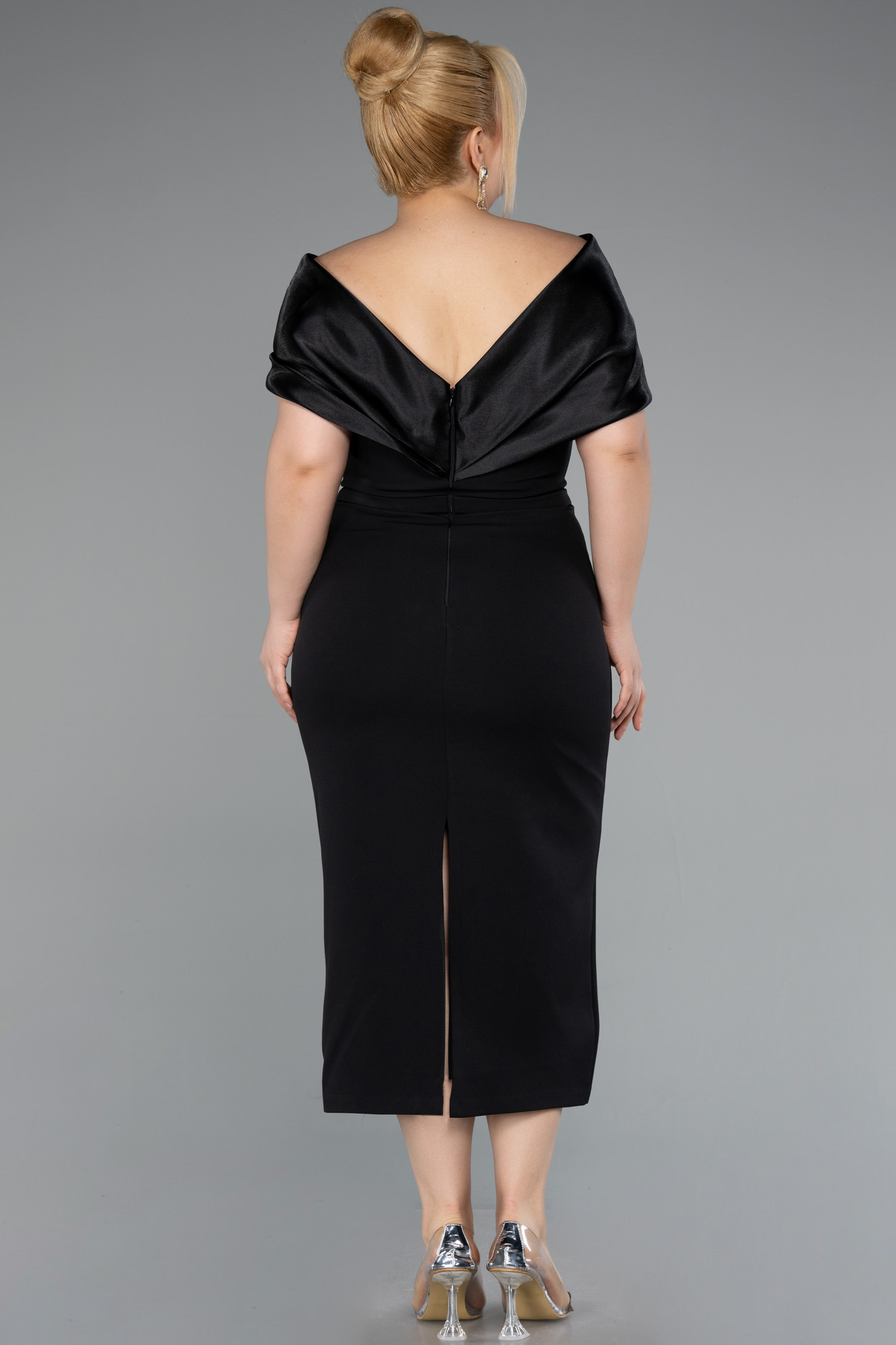 Siyah Kayık Yaka Taşlı Midi Büyük Beden Davet Elbisesi ABK2400 - Görsel 2