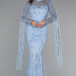 Buz Mavisi Şallı Uzun Kol Dik Yaka Boncuklu Abiye ABU5152