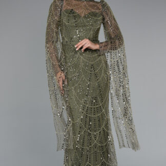 Haki Şallı Uzun Kol Dik Yaka Boncuklu Abiye ABU5152