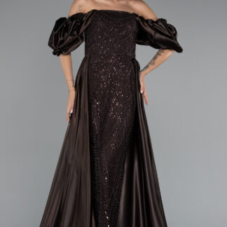 Kahve Kayık Yaka Uzun Boncuklu Büyük Beden Abiye ABU5155