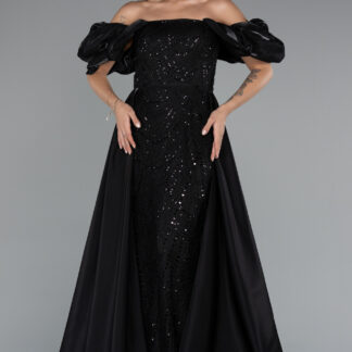 Siyah Kayık Yaka Saten Kuyruklu Uzun Boncuklu Abiye ABU5154