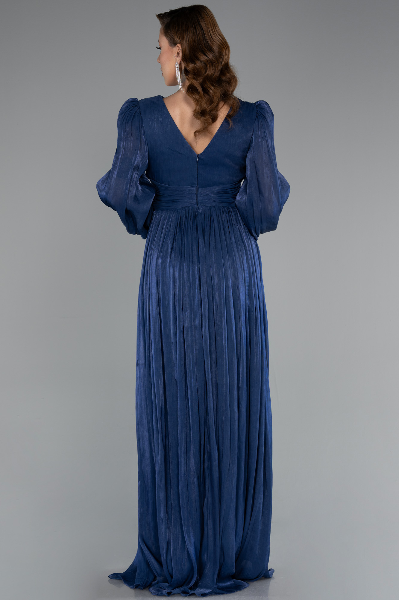 Lacivert Uzun Kol V Yaka Şifon Abiye ABU5161 - Görsel 2