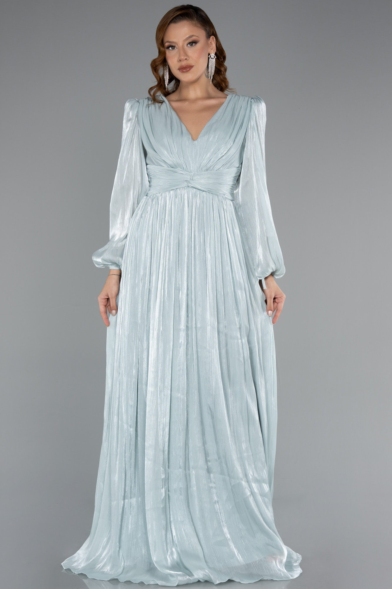 Mint Uzun Kol V Yaka Şifon Abiye ABU5161