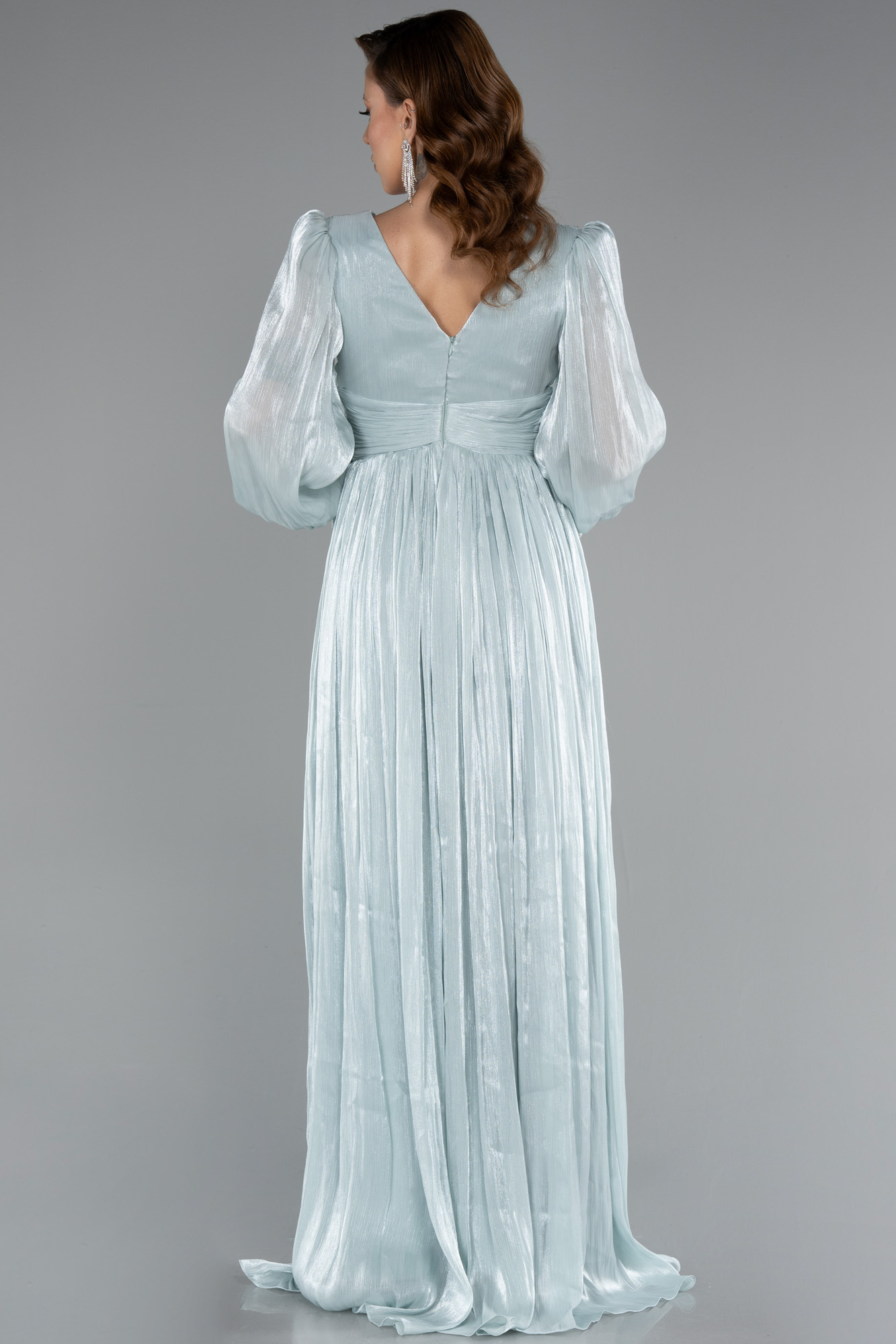 Mint Uzun Kol V Yaka Şifon Abiye ABU5161 - Görsel 2