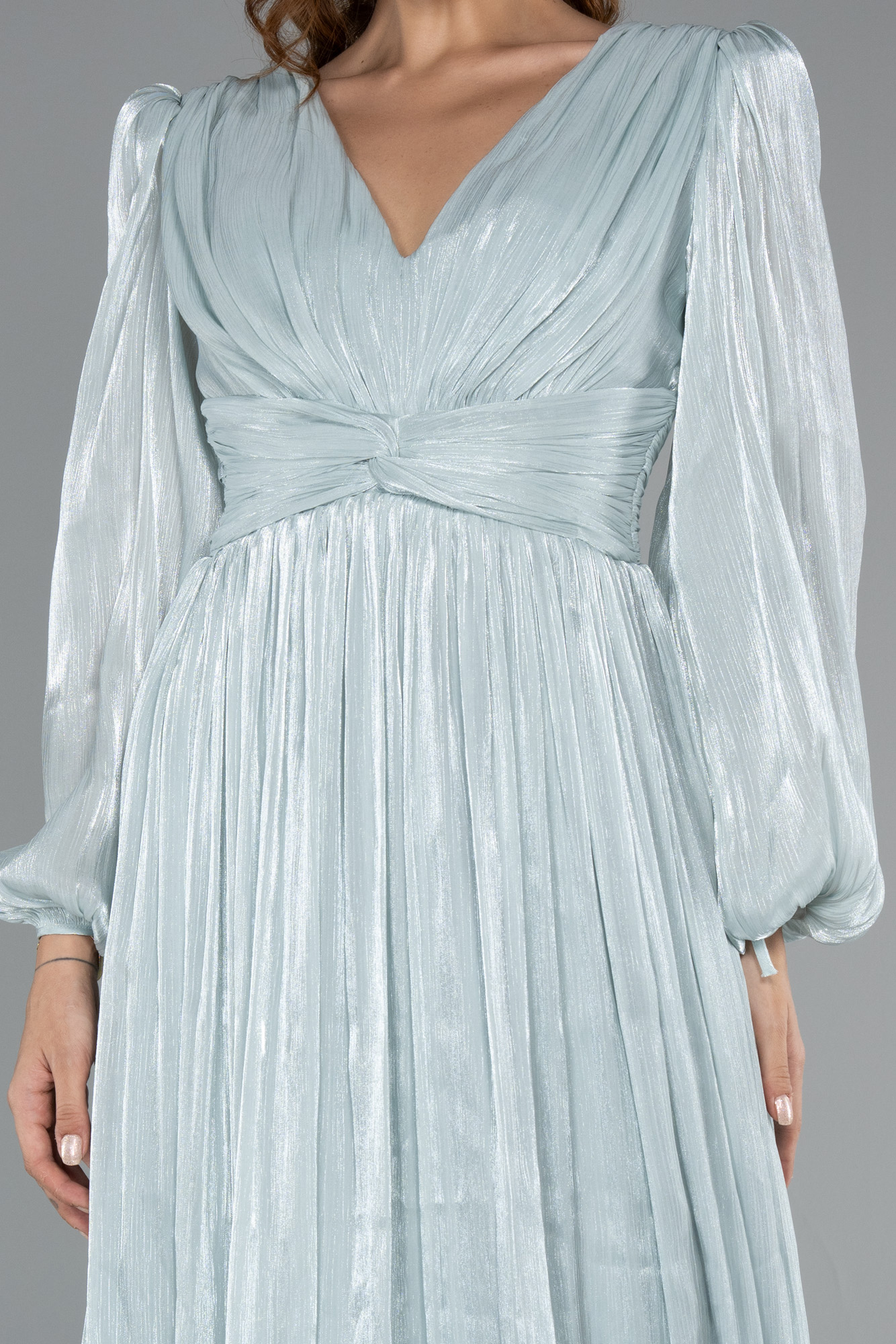 Mint Uzun Kol V Yaka Şifon Abiye ABU5161 - Görsel 3