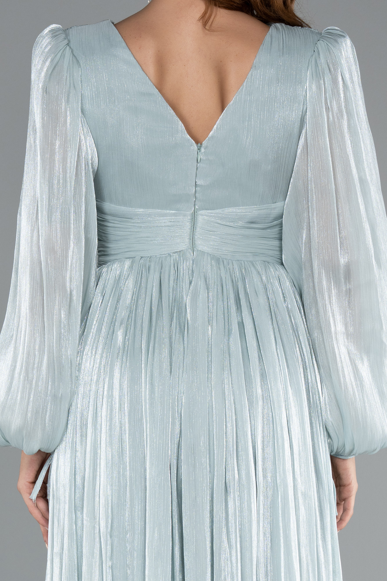 Mint Uzun Kol V Yaka Şifon Abiye ABU5161 - Görsel 4