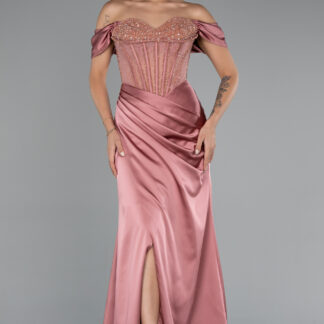 Soğan Kabuğu Kayık Yaka Taşlı Balen Uzun Saten Abiye ABU5130