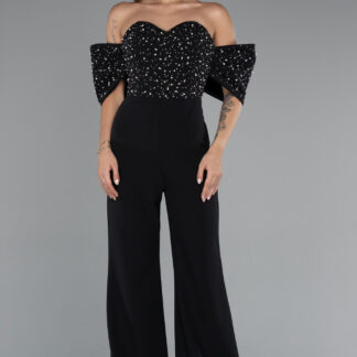 Siyah Taşlı Straplez Kol Aksesuarlı Uzun Abiye Tulum ABT132