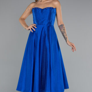 Saks Mavi Straplez Balen Korse Midi Gece Elbisesi ABK2405
