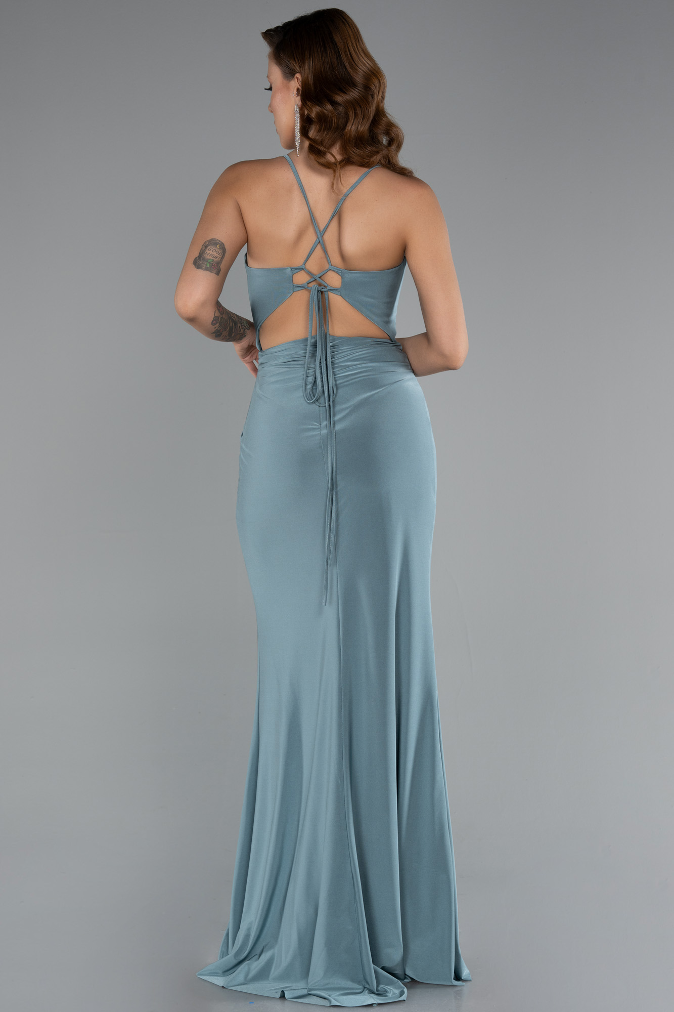 Mint Bacak Ve Sırt Dekolteli Uzun Abiye ABU3949