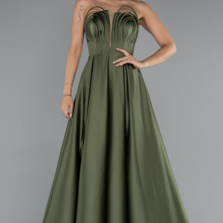 Haki Straplez Uzun Saten Abiye Elbise ABU5105