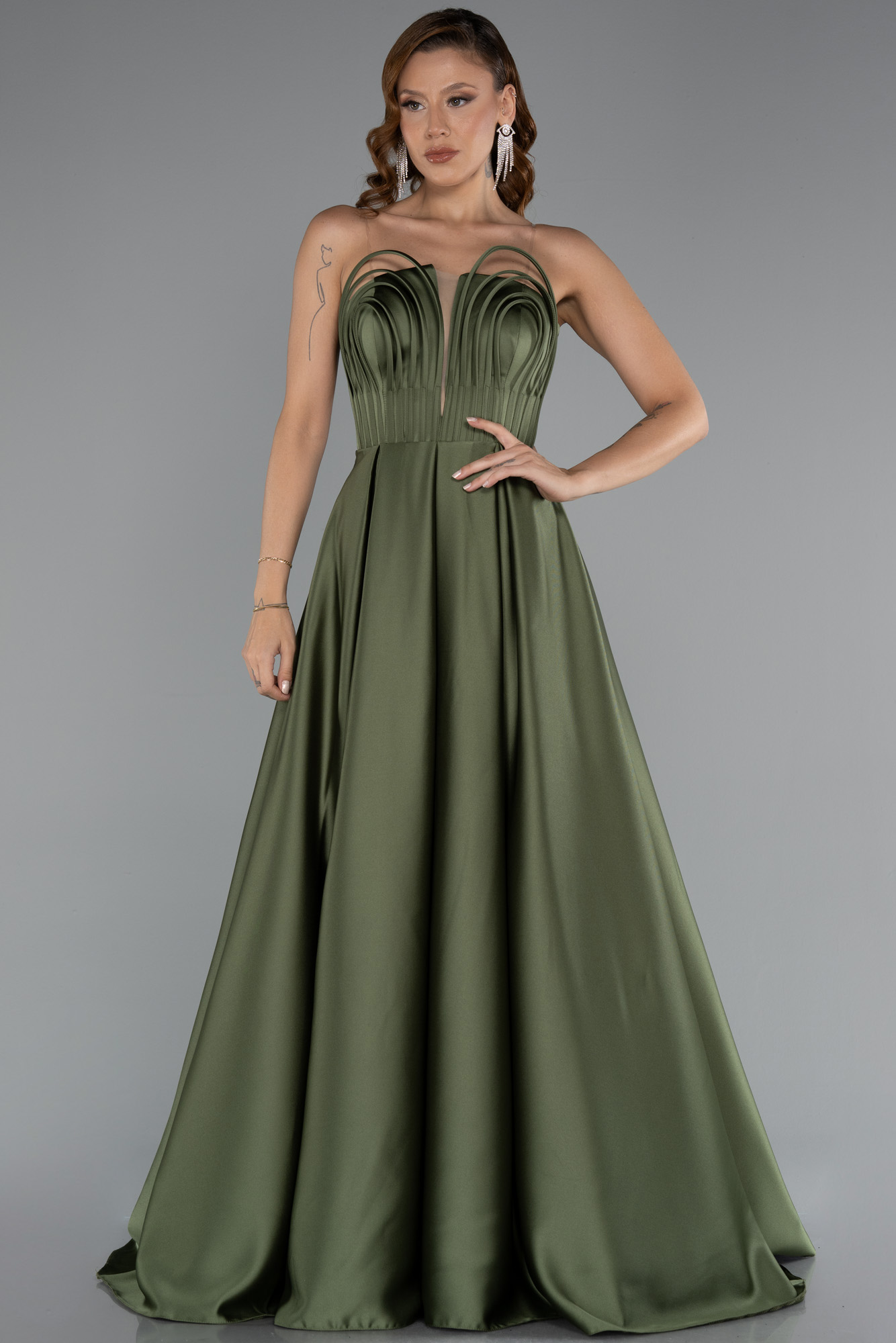 Haki Straplez Uzun Saten Abiye Elbise ABU5105