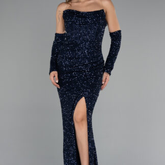 Lacivert Straplez Yırtmaçlı Uzun Pullu Abiye ABU5163