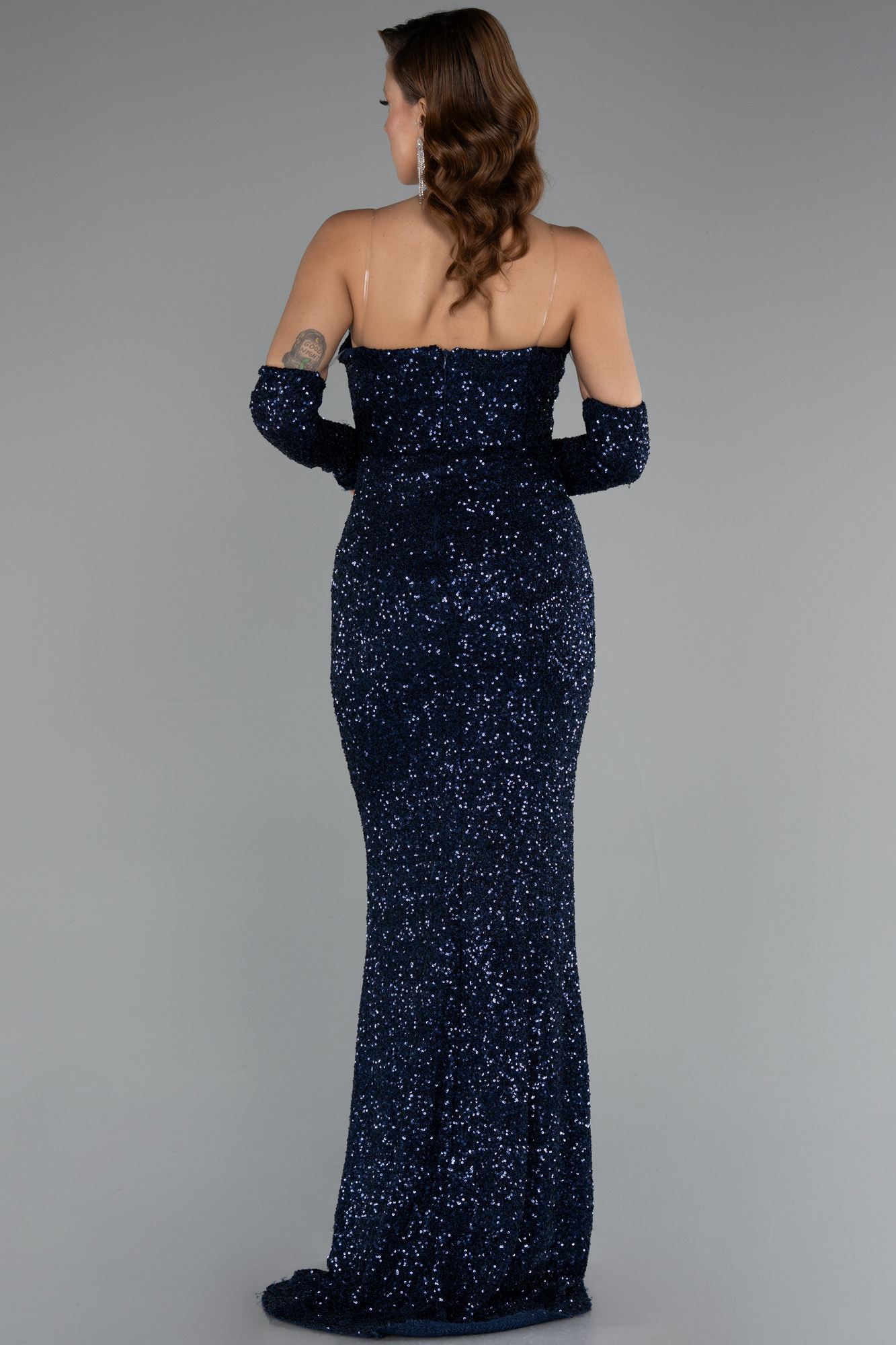 Lacivert Straplez Yırtmaçlı Uzun Pullu Abiye ABU5163 - Görsel 2