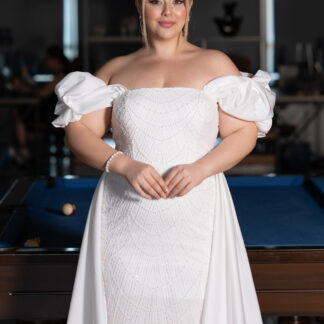 Ekru Kayık Yaka Kuyruklu Uzun Boncuklu Büyük Beden Abiye ABU5155