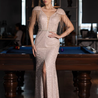 Gold Bacak Dekolteli Uzun Taşlı Özel Tasarım Abiye ABU5132