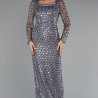 Gri Uzun Kol Kare Yaka Boncuklu Abiye Elbise ABU5165