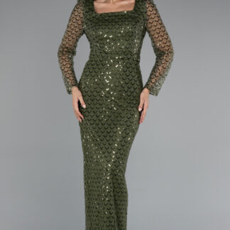 Haki Uzun Kol Kare Yaka Boncuklu Abiye Elbise ABU5165