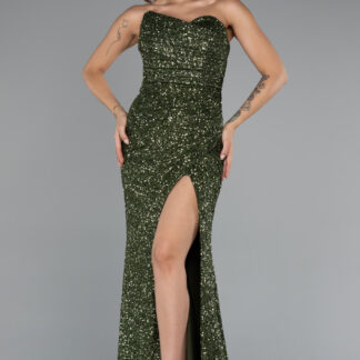 Haki Straplez Yırtmaçlı Uzun Pul Payet Abiye Elbise ABU5166