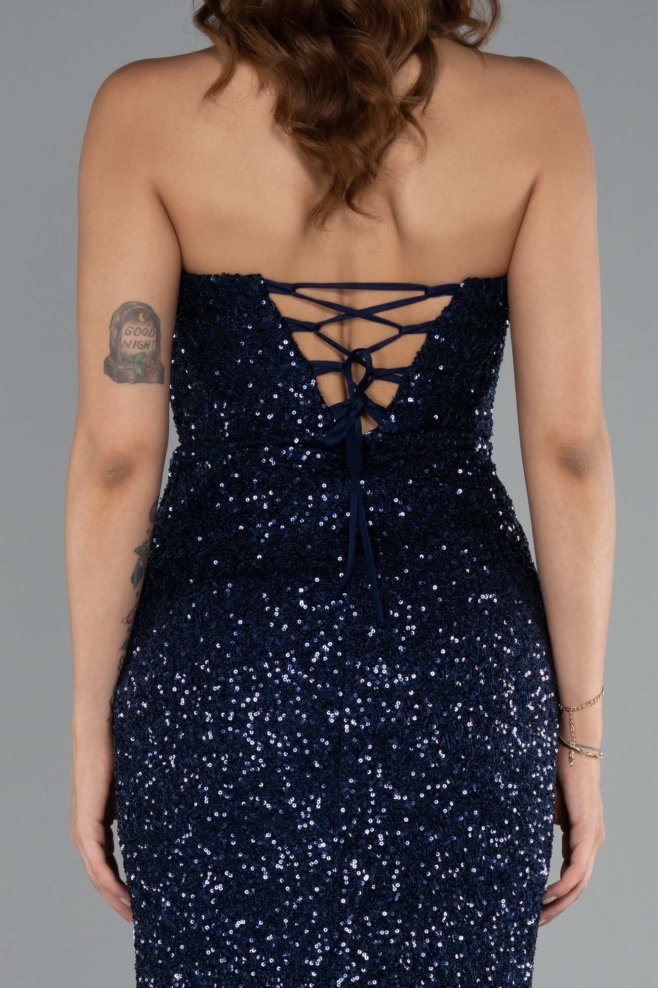 Lacivert Straplez Yırtmaçlı Uzun Pul Payet Abiye Elbise ABU5166 - Görsel 4