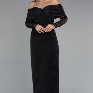 Siyah Boncuklu Uzun Kol Kayık Yaka Midi Abiye Elbise ABK2406