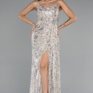 Bej Straplez Yırtmaçlı Uzun Pullu Abiye Elbise ABU5167