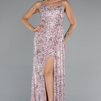 Pudra Straplez Yırtmaçlı Uzun Pullu Abiye Elbise ABU5167