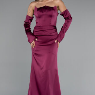 Mürdüm Straplez Kol Aksesuarlı Uzun Saten Abiye ABU5168