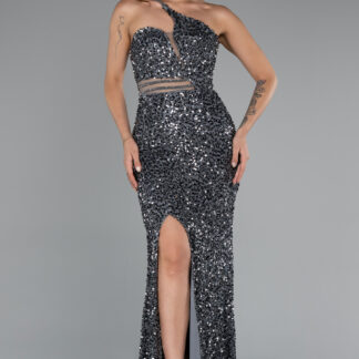 Antrasit Tek Omuz Bacak Dekolteli Uzun Pullu Abiye ABU5150