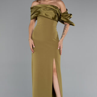 Haki Bacak Dekolteli Uzun Abiye Elbise ABU4024
