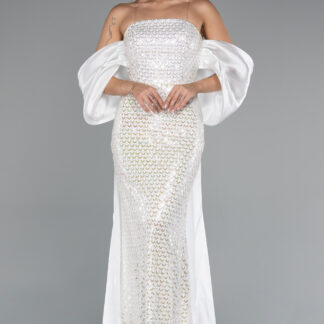 Ekru Straplez Kuyruklu Uzun Boncuklu Abiye ABU5169