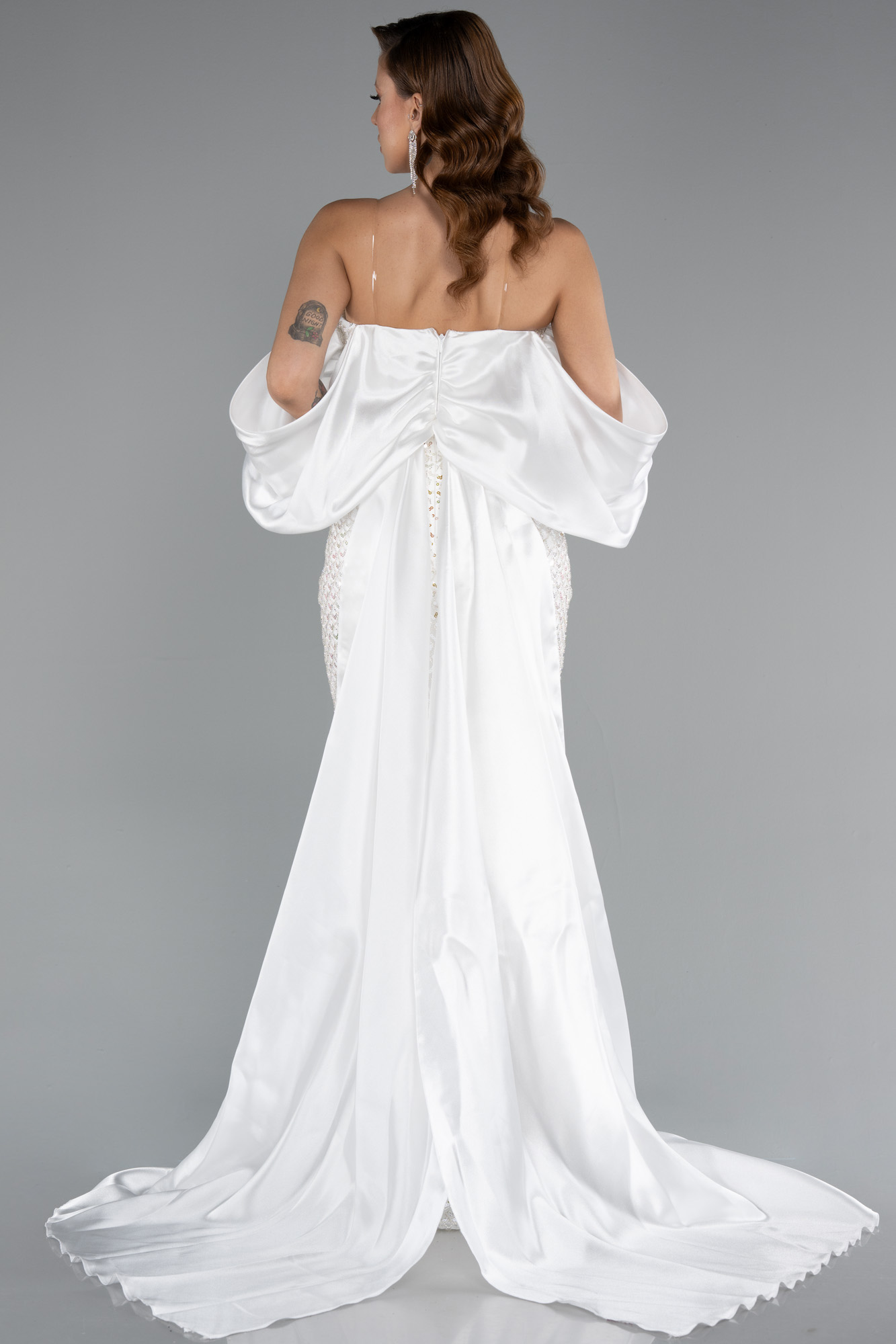 Ekru Straplez Kuyruklu Uzun Boncuklu Abiye ABU5169 - Görsel 2