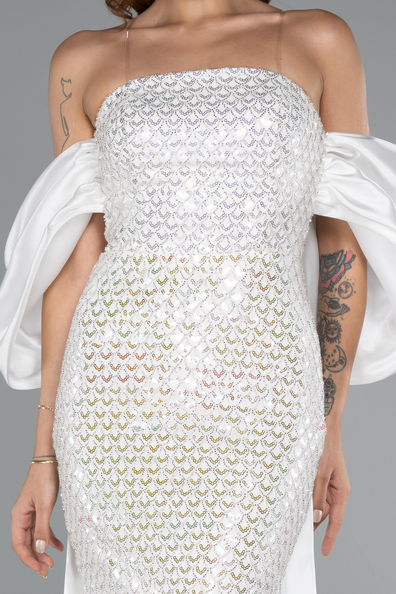 Ekru Straplez Kuyruklu Uzun Boncuklu Abiye ABU5169 - Görsel 3