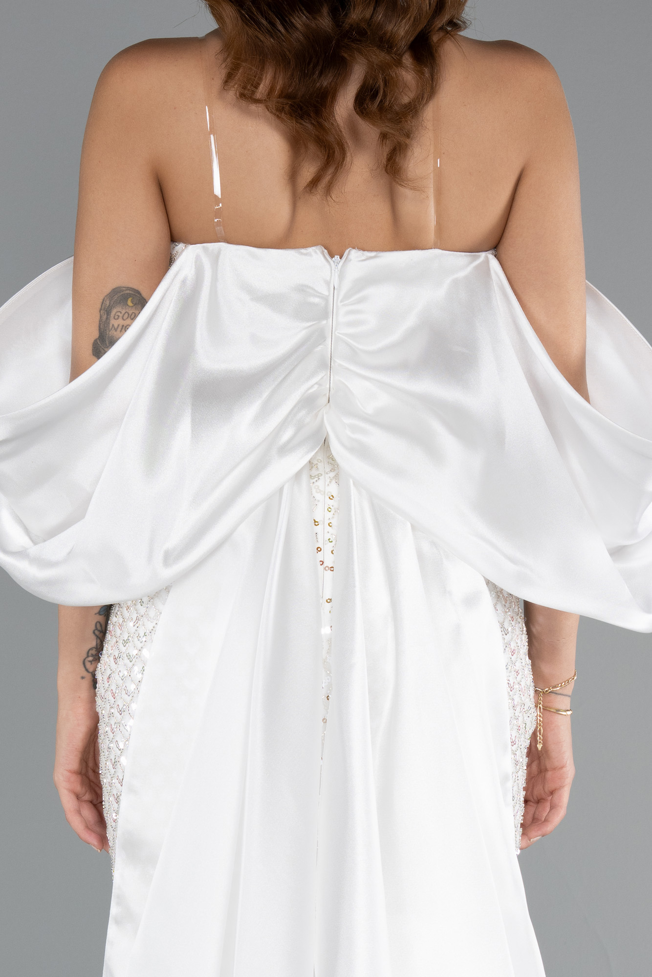 Ekru Straplez Kuyruklu Uzun Boncuklu Abiye ABU5169 - Görsel 4