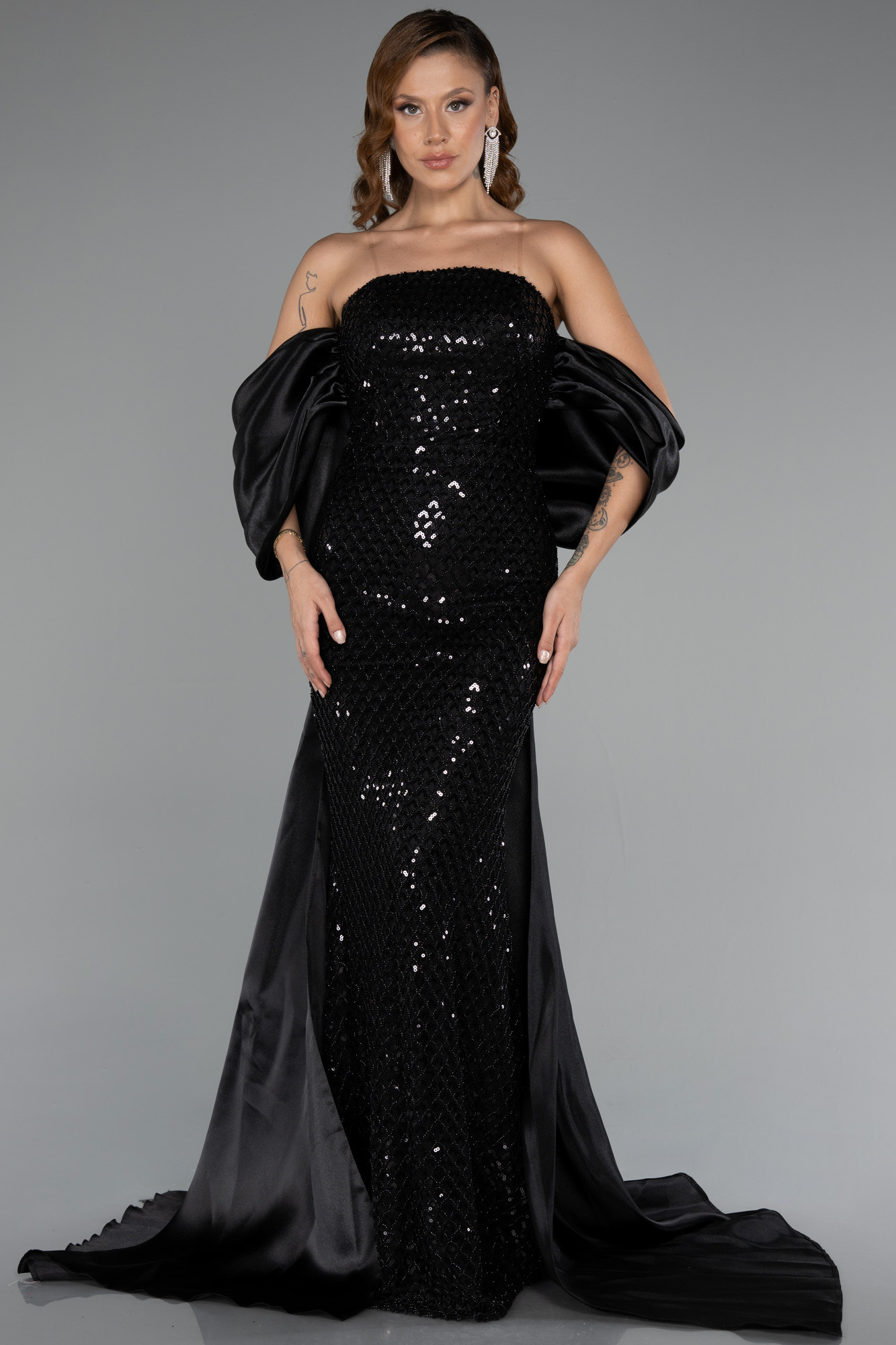 Ekru Straplez Kuyruklu Uzun Boncuklu Abiye ABU5169 - Görsel 5