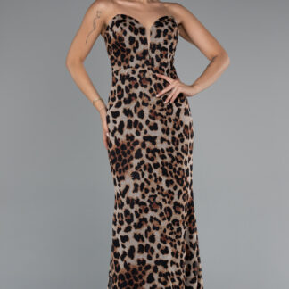 Kahve Straplez Uzun Empirme Baskı Abiye Elbise ABU5170