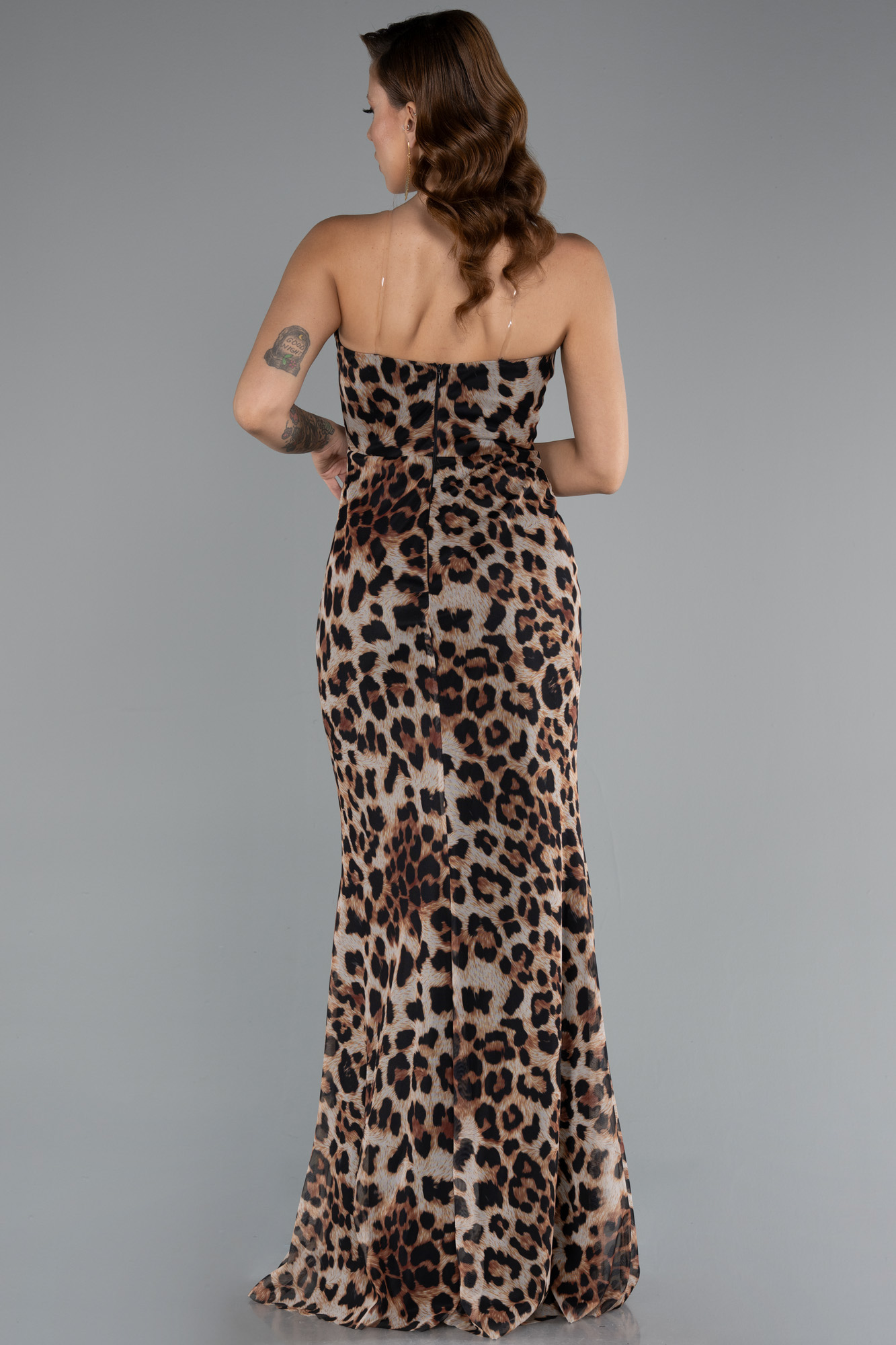 Kahve Straplez Uzun Empirme Baskı Abiye Elbise ABU5170 - Görsel 2