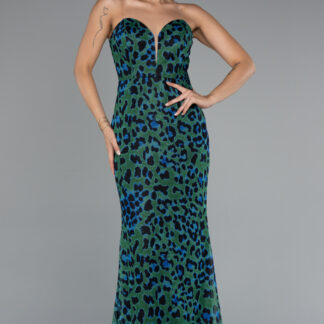 Yeşil Straplez Uzun Empirme Baskı Abiye Elbise ABU5170